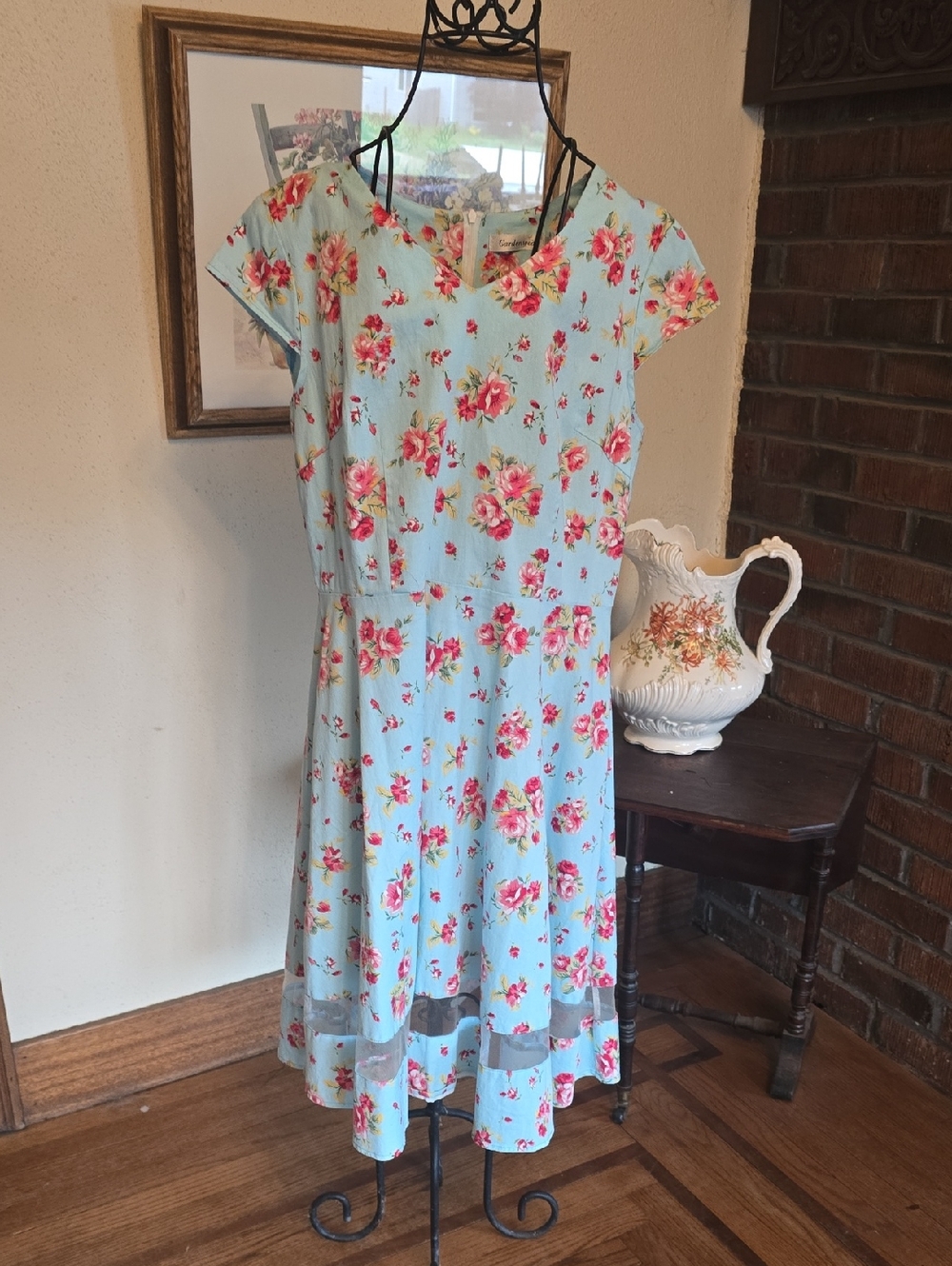 Floral Midi Dress in Light Blue with Pink Roses